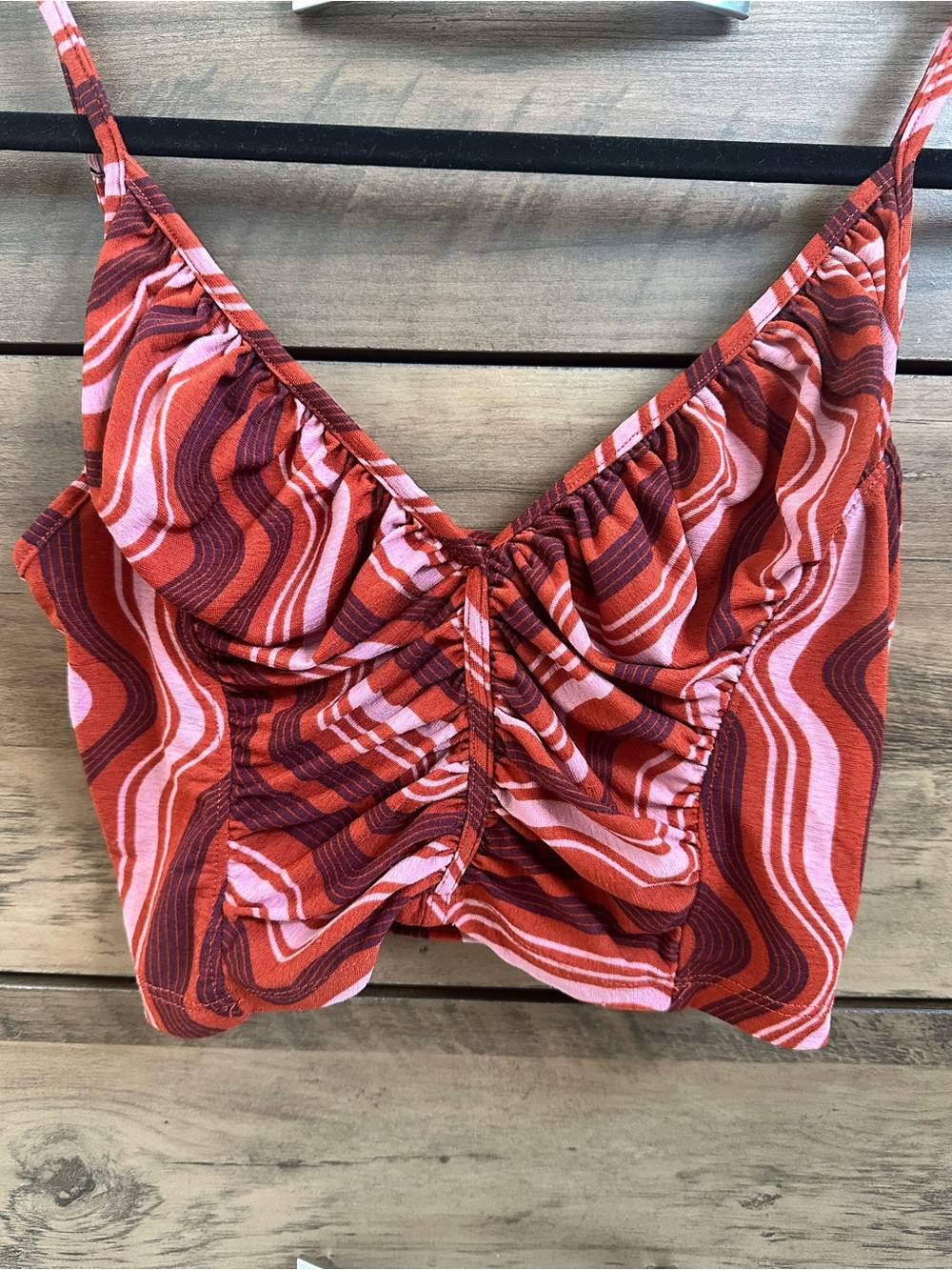 Urban Outfitters Rust & Cream Wave Print Ruched Spaghetti Strap Crop Top Size S